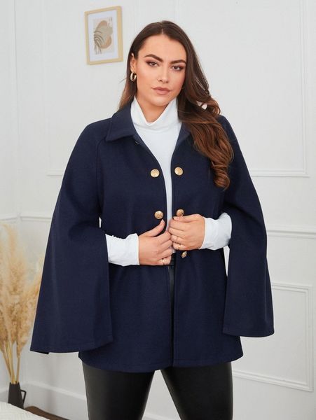 

plus cloak sleeve fake button overcoat 167j#, Black