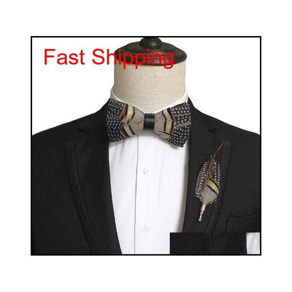 

handmade mens sapphire feather leather luxury bow tie brooch set pre-tied bow tie for wedding party clot qylyzw bdehome, Blue;white