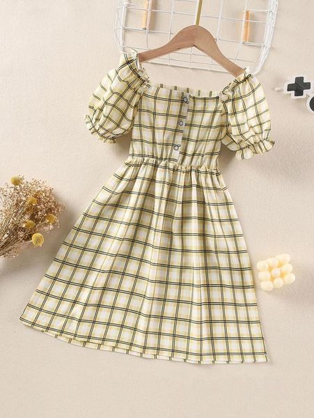 

girls plaid puff sleeve dress she01, Red;yellow