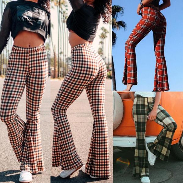 

vintage plaid women girls high waist bell bottom long flare pants stretch boho hippie bell-bottom pants, Black;white
