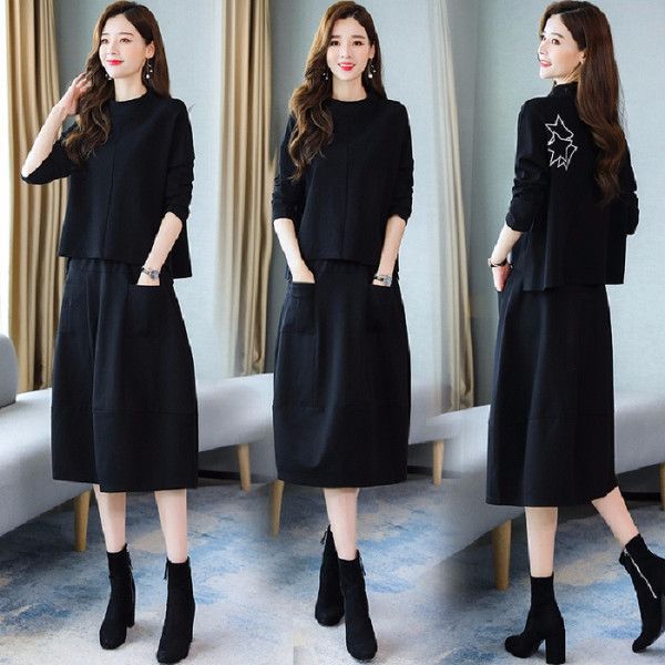 

early sprg and autumn new early spring new age reduction in autumn 2020 skirt suit large women's dress foreign style fat mm younger sis, Gray