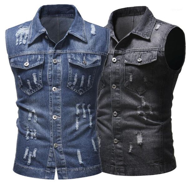 

men's vests 2021 men washed hole cowboy vest leisure fashion vest1, Black;white