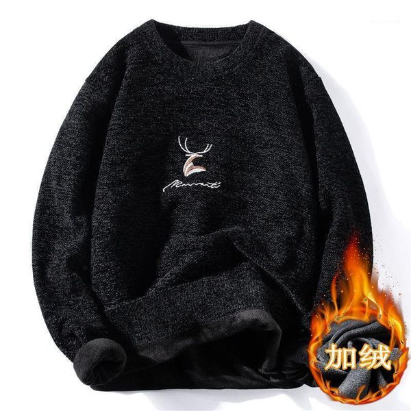

o-neck men knitting sweater deer embroidery men sweater casual loose autumn and winter plus velvet knitted pullover clothes1, White;black