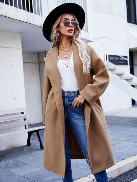 

drop shoulder single breasted lapel neck overcoat a5a0#, Black