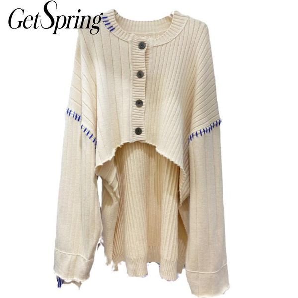 

getspring women sweater irregular hollow out vintage sweaters women asymmetry long loose knitting cardigan 2021 new fashion, White