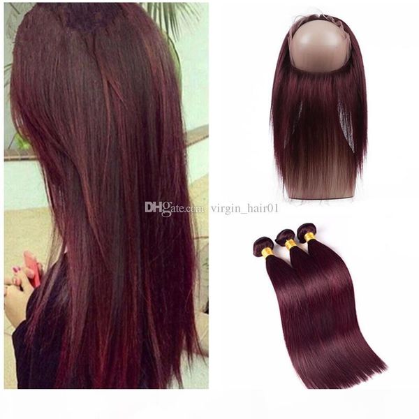 

wine red virgin brazilian human hair weaves 3 bundles with 360 lace frontal pre plucked silky straight #99j burgundy 360 lace closure, Black;brown