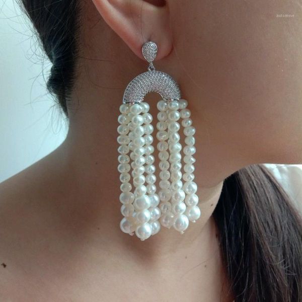 

women's 3.3" white pearl cz white golden plated earrings1