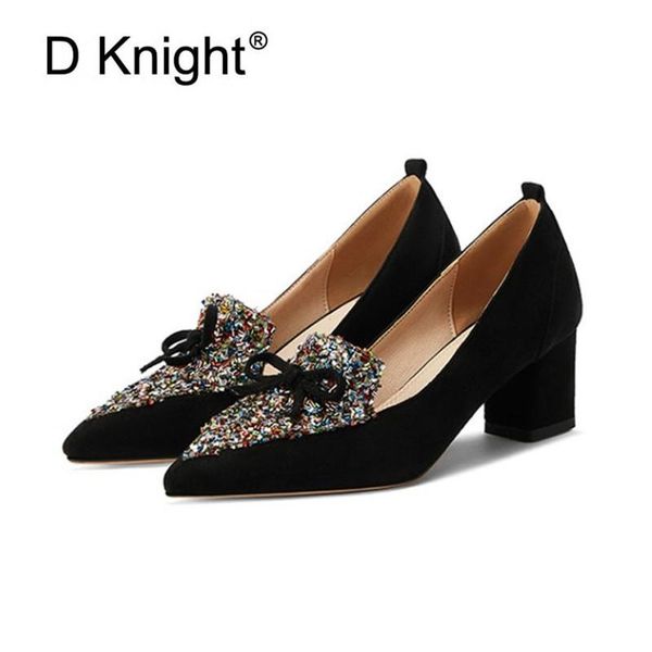 

suede leather thick heel shoes woman pumps orange blue plus size 33-48 women pumps sweet bow floral office lady high heels shoes, Black
