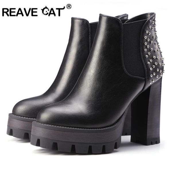 

boots reave cat women pu rivets punk shoes square high heel ankle round toe ladies platform motorcycle size 34 a9031, Black