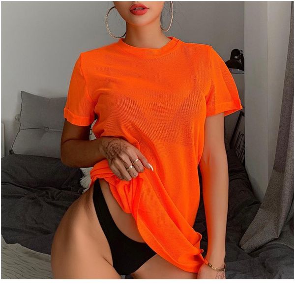 

nadafair casual t-shirt mesh dress women orange neon loose summer mini dress 2019 short sleeve straight beach dresse sqcdfk, White
