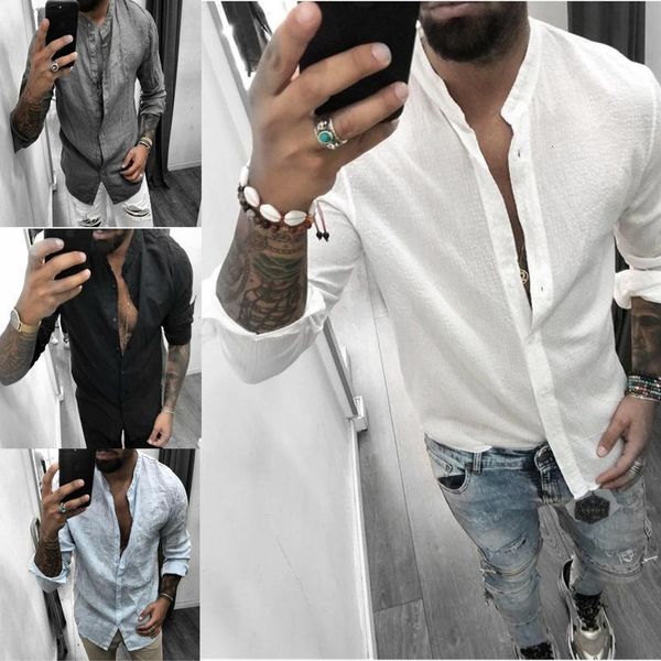 

designer men's stand tall linen long sleeve shirt men's wear black friday 2021 deals, White