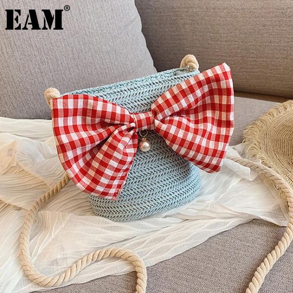 

cross body [eam] women small cute plaid bow straw bucket bag personality all-match crossbody shoulder fashion tide 2021 18a1153