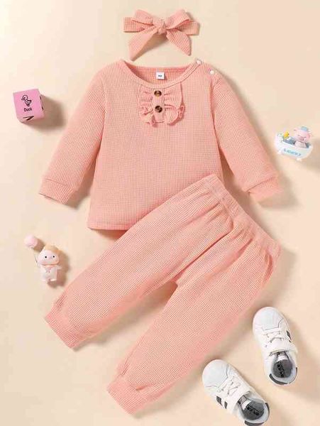 

baby fake button ruffle trim sweatshirt & sweatpants & headband she, White