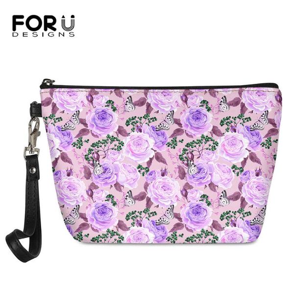 

forudesigns luxury women cosmetic bag purple roses pattern portable makeup box for ladies female pu leather organizer bag 2020