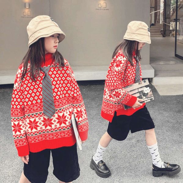 

version of zhongda girl's classic korean big red high neck hem split snowflake fashionable children's sweater, Blue