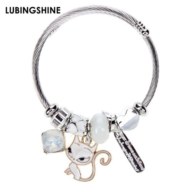 

cute cat pendant charm bangle bracelet crystal dangle heart bead stainless steel bangles for women men jewelry party gift, Golden;silver