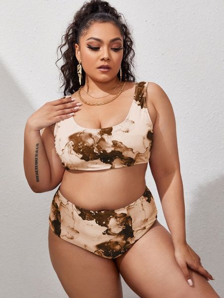 

plus water color bikini swimsuit 57rl#, Black