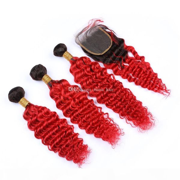

two tone 1b red human hair deep wave hair extensions with lace closure red ombre hair with lace closure 4pcs lot, Black;brown