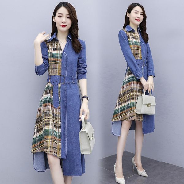 

splicing dress women's long waist denim skirt denim skirtsleeve 2020 spring and autumn new korean casual waist closing skirt with thin, Black;gray