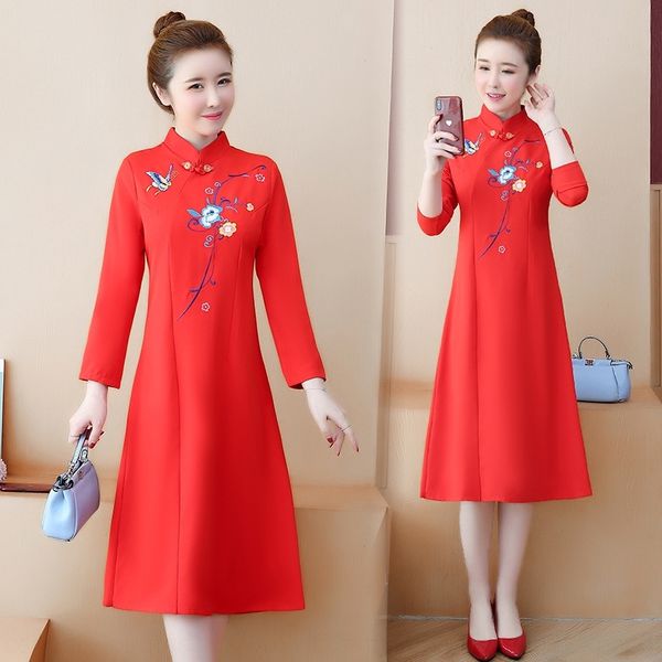 

td657 cheongsam women long style dress dresscheongsam dresstemperament embroidery girl 2020 spring and autumn dress improved young new 67cxw, Black;gray