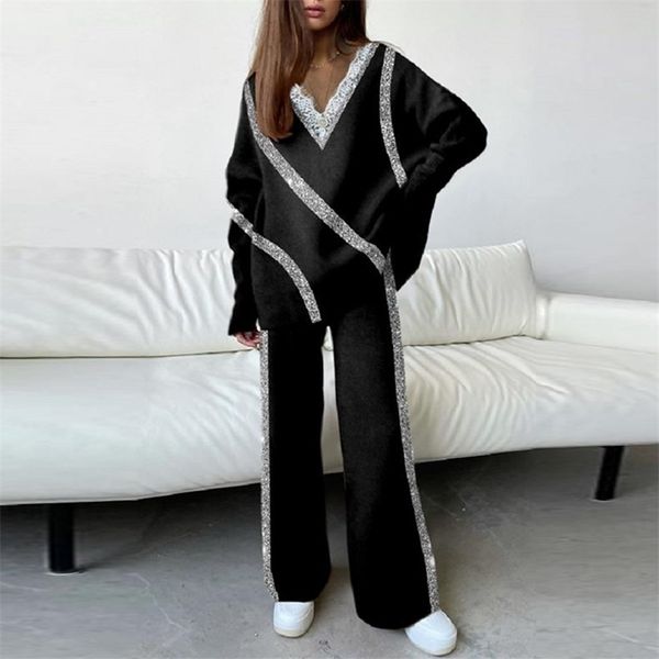 

v-neck lace sequins splicing fall outfits casual high collar + wide leg pants home set elegant print woman 2 pieces 220315, White