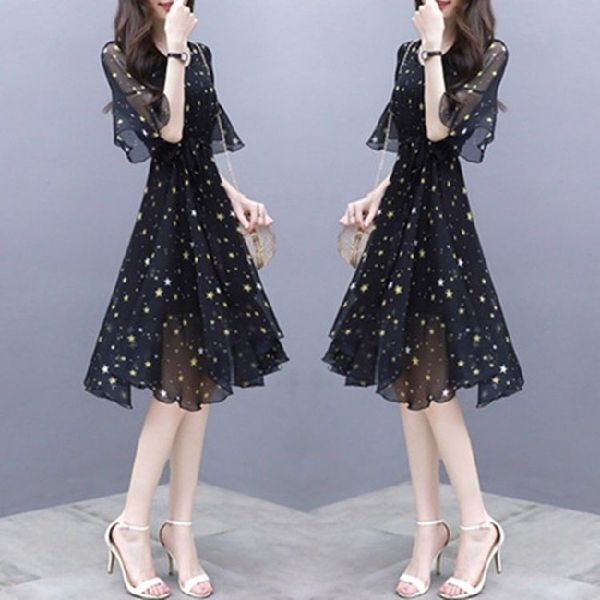 

summer 2020 high waist v-neck thin cool long skirt long skirt wind a-line medium length dress for women l5ltd, Black;gray