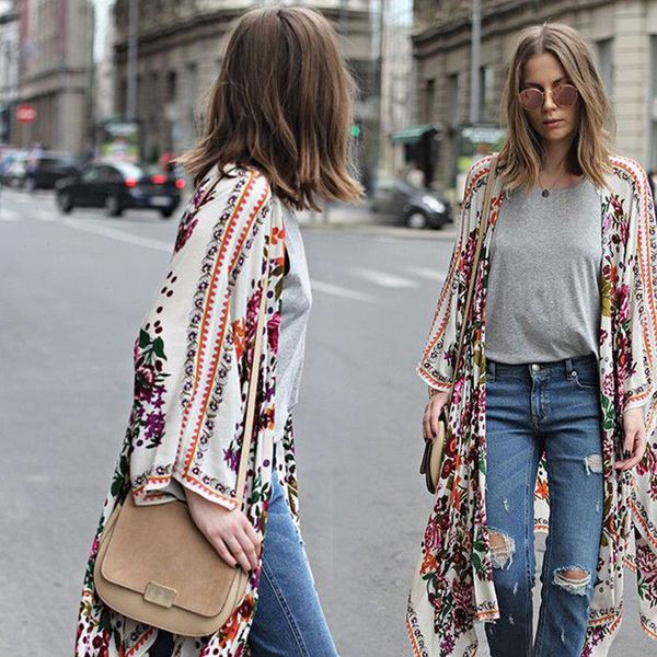 

women boho beach pretty floral print loose shawl kimono cardigan long femme hipster tumblr cappa blouse plus size, White
