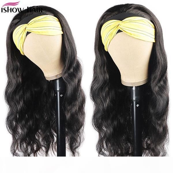 

ishow human hair wigs with headbands easy to install body yaki straight water headband wig loose deep curly none lace wigs, Black;brown