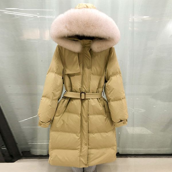 

2021 real large natural skin collar new women winter 90% white thick, wind-proof female belt with hood down jacket qmb5, Black