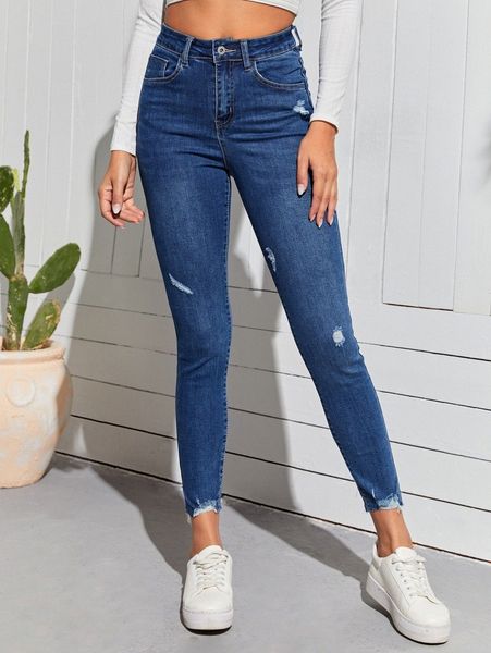 

zipper fly raw hem ripped skinny jeans 44es#, Blue