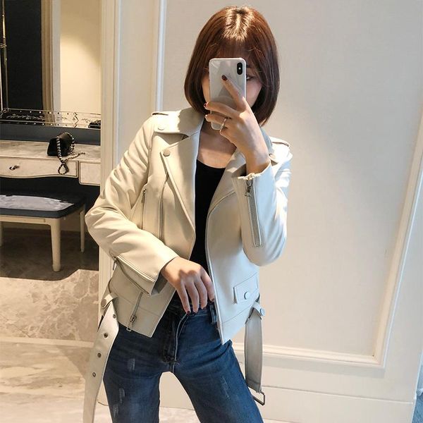 

women's leather & faux ly varey lin 2021 spring autumn women korean style jacket turn-down collar long sleeve with belt pocket pu coat, Black
