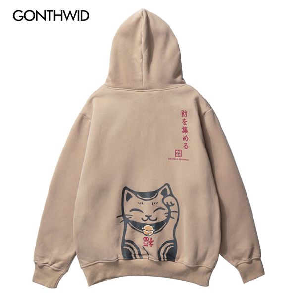 

japanese lucky cat fortune print fleece hoodies sweatshirts hip hop casual pullover hooded streetwear 2020 mens, Black