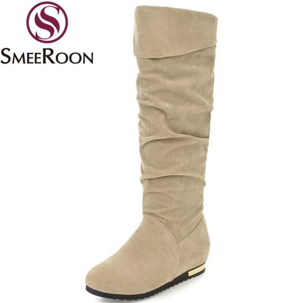 

boots smeeroon round toe knee high for women slip on warm winter fashion height increasing simple shoes1, Black