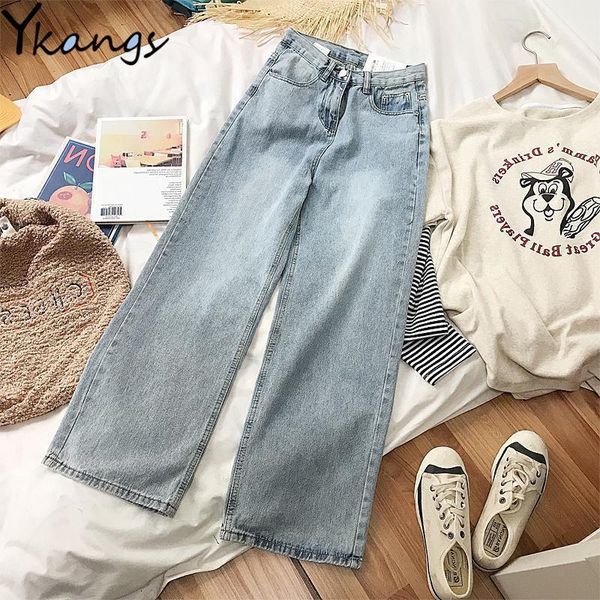 

plus size denim trousers vintage wide leg pants women korean straight long pants high waist casual loose with belt 2020 autumn1, Blue