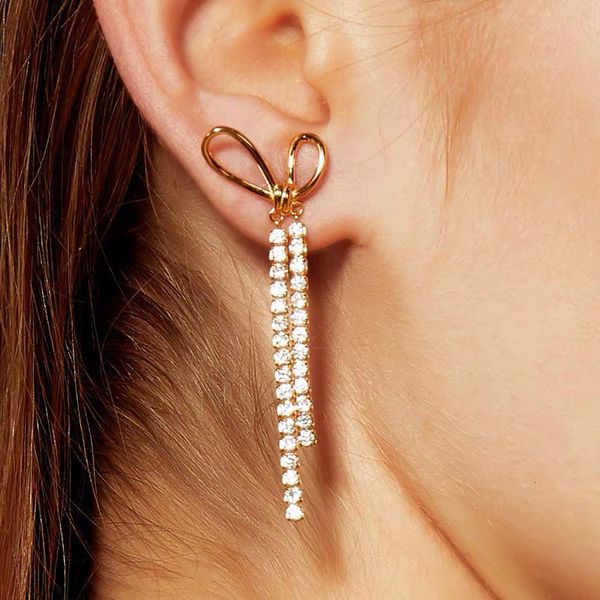 

huanmu jewelry bowknot tassel long gold knot zircon earrings, Golden
