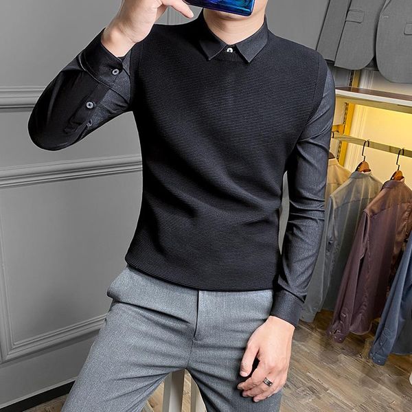 

autumn and winter men's fake two-piece sweater korean version of the trend of long-sleeved slim handsome thick sweater, White;black