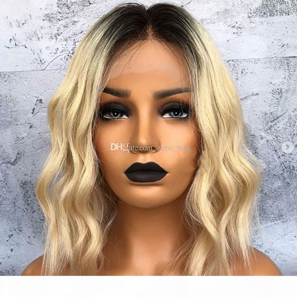 

ombre brazilian hair short bob wavy wig #1bt613 for white women virgin human glueless short blonde ombre lace front wigs bleached knots, Black;brown