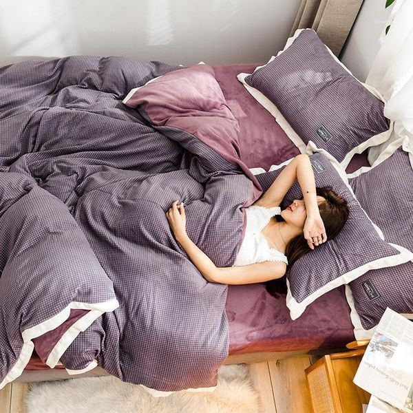

modern style 4pcs velvet duvet cover bed sheet pillowcases hounds-tooth soft purple brown bean paste green  king1