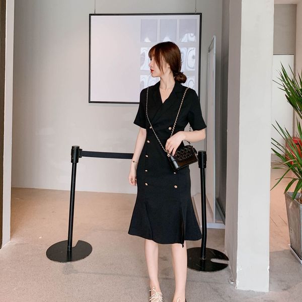 

cli6f dress slim-fit fishtail mid-length suit hip-covered collar skirt over skirt elegant double-breasted smart high waist slimming fish, Black;gray