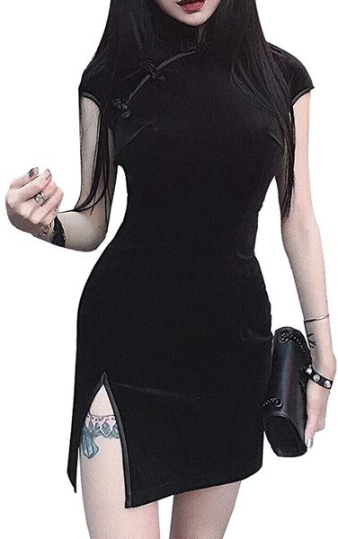 

women casual dresses sleeveless cheongsam chinese style skinny mini dress streetwear vintage summer lady clothing slim dress, Black;gray