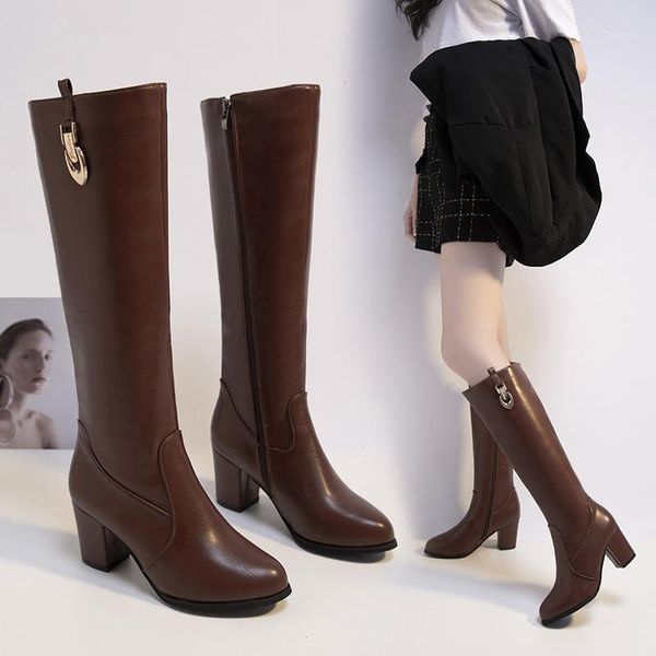 

women winter zipper mid-calf boots ladies pu leather square heels boots woman fashion warm sewing shoes female footwear 2020 new1, Black