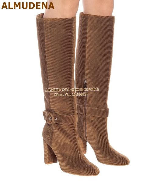 

almudena coffee velvet stripe pattern knee boots chunky heels ring buckle strap high boots brown black suede zipper tall