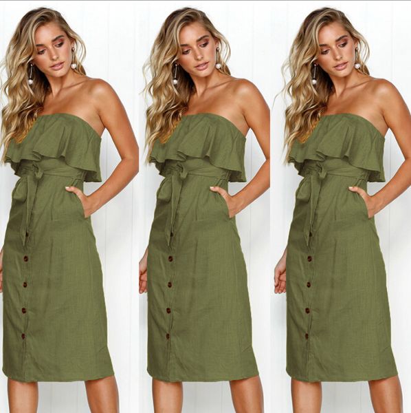 

women summer casual solid color midi dresses female strapless backless dressess with sashes buttons ruffle ing, Black;gray
