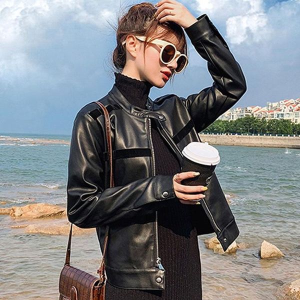 

new women's spring autumn pu leather jacket women casual slim soft moto biker faux leathr jacket female coat basic streetwear, Black