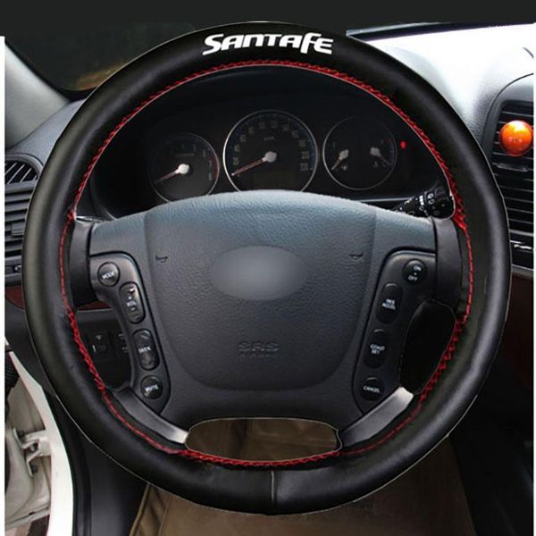 

black genuine leather diy hand-stitched car steering wheel cover for santa fe interior accessories1