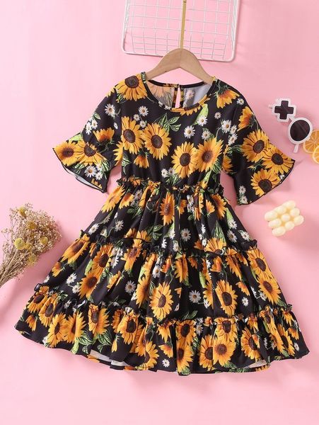 

girls allover floral print flounce sleeve frill trim dress she, Red;yellow