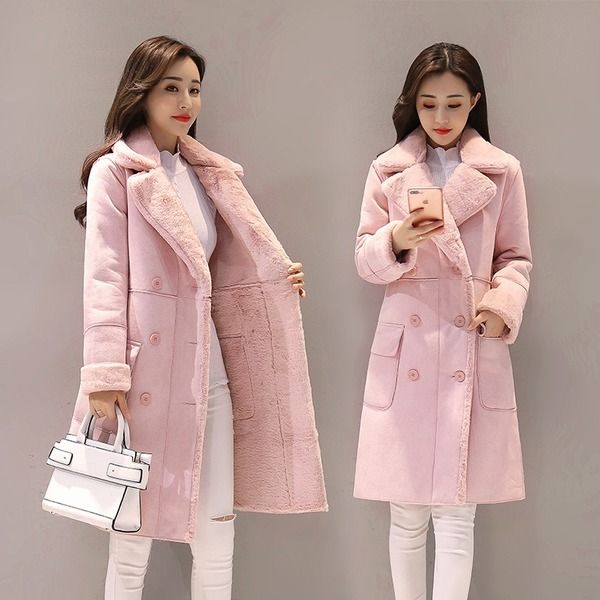 

winter jacket women plus size clothing for women warm velvet thicken faux suede long coats parka female double breasted jacket, Black