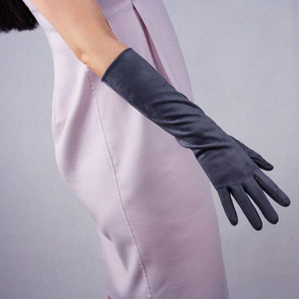 

women' vintage suede fleece lined long touch screen gloves fashion spring autumn winter luxury warm elastic solid color glove, Blue;gray