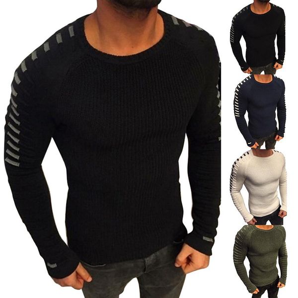 

men 2019 new casual slim pullover autumn round neck knitted striped patchwork winter warm classic sweater, White;black