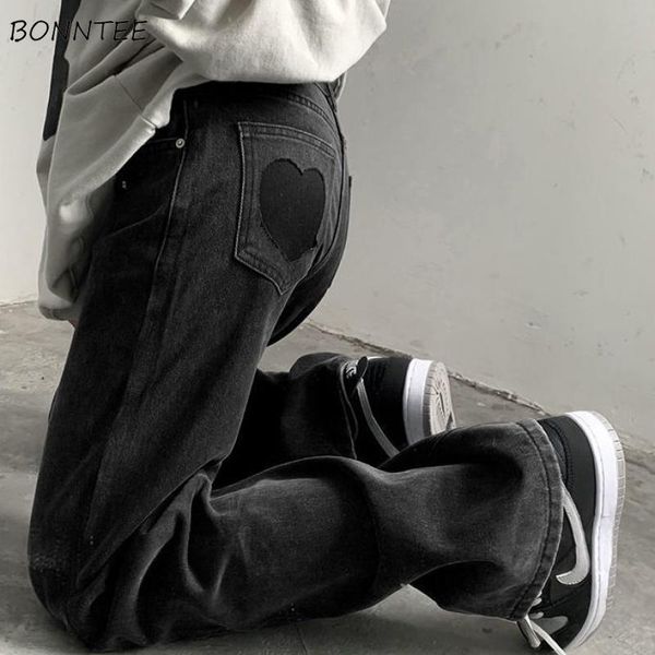 

spliced jeans heart-shape panelled loose straight streetwear bf casual lady spring autumn female bottom trendy popular ulzzang, Blue